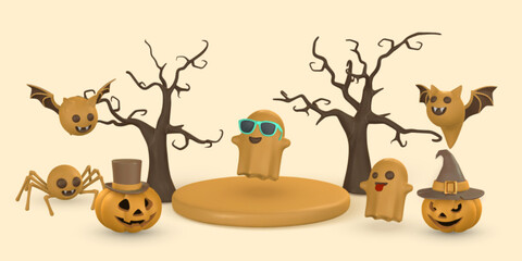 Wall Mural - Happy Halloween banner design. Cute cartoon 3d Halloween elements. Vector illustration