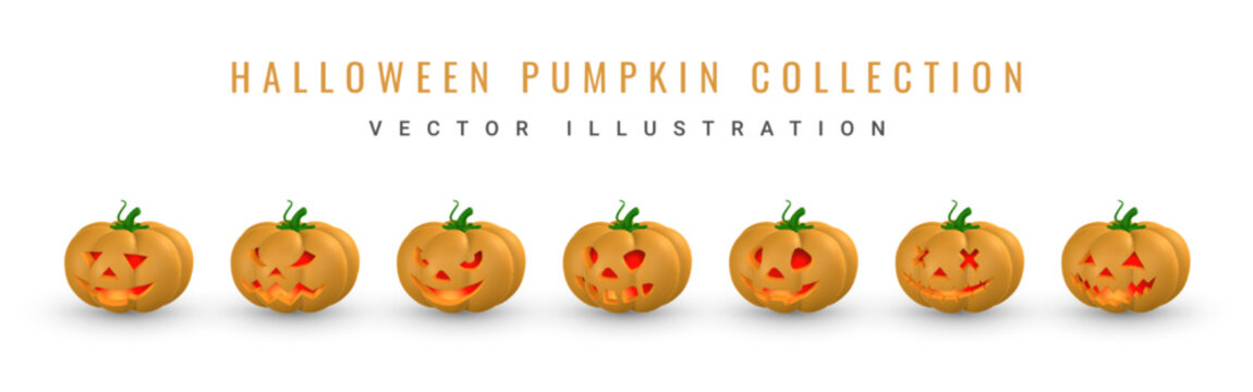 Cute cartoon 3d Halloween pumpkin with scary face. Halloween concept. Vector illustration