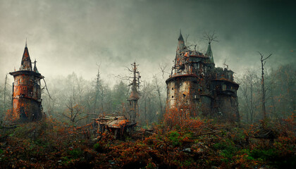 illustration of a witch's abandoned village with pumpkins.realistic halloween festival illustration. Halloween night pictures for wall paper. 3D illustration. Use digital paint blurring techniques.