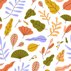 Aufkleber - Seamless leaf pattern. Modern botanical background with repeating colorful leaves print. Abstract different foliage plant texture design for textile, fabric. Printable colored flat vector illustration