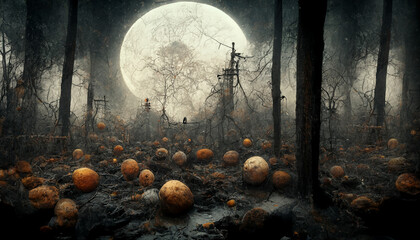 Halloween illustration haunted house with pumpkins. realistic halloween festival illustration. Halloween night pictures for wall paper. 3D illustration. Use digital paint blurring techniques.