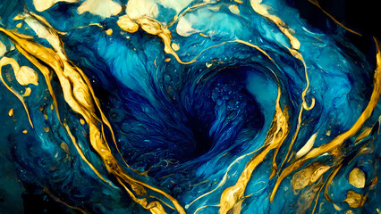 liquid blue and golden paints, abstract fluid smooth background with waves luxury.3d render.