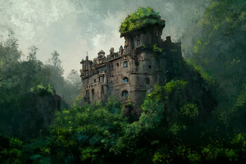 Wall Mural - An Old Medieval Castle Deep in the Forest Surrounded with Dense Woods Trees. Artwork Background. Book Illustration. Video Game Scene. Serious Digital Painting. CG Artwork Background.

