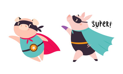 Sticker - Cute funny superhero pigs in capes and masks set cartoon vector illustration