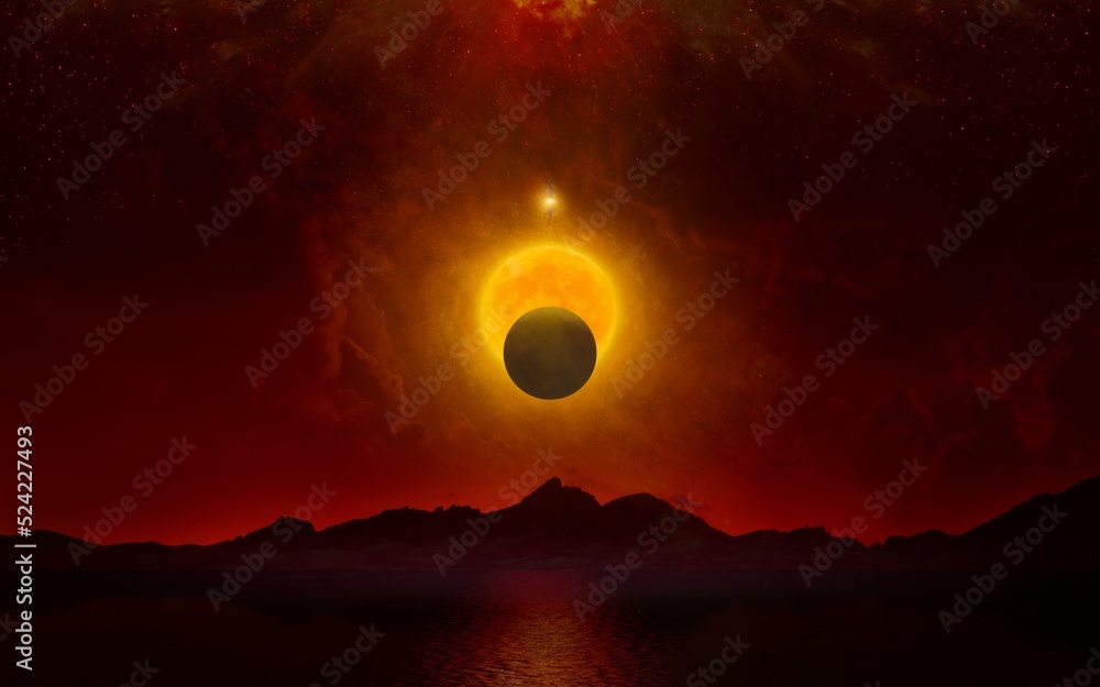 Apocalyptic dramatic image, doomsday event concept. Glowing full moon and  planet Nibiru in dark red sky above black mountains and sea. Stock Photo |  Adobe Stock