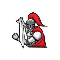 Templar in fight battle isolated emblem of retro hero. Vector medieval knight with sword, antique soldier in red cloak and feathers in helmet. Costume of italian armor, fighting sport club mascot