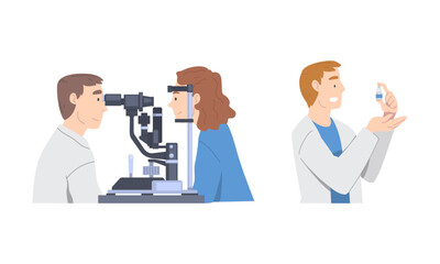 Sticker - Eyesight diagnostics. Patient visiting ophthalmologist. Optometrist checking up eyesight cartoon vector illustration