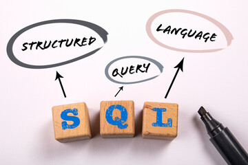 Wall Mural - sql. structured query language. wooden cubes with letters on a white background