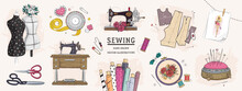 Vector Hand Drawn Sewing Retro Set. Collection Of Highly Detailed Hand Drawn Sewing Tools Isolated On Background