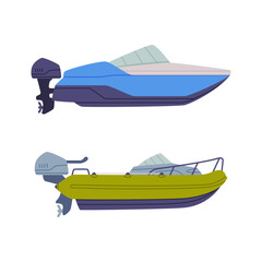 Poster - Set of water transport. Side view of motorboats cartoon vector illustration