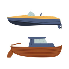 Sticker - Set of water transport. Side view of schooner and motorboat cartoon vector illustration