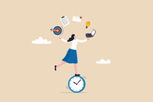 Productive Woman, Multitasking Or Time Management Professional, Productivity Or Entrepreneurship, Work Efficiency Or Organize Schedule, Productive Businessman Woman Balance On Clock Managing Tasks.