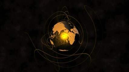 Canvas Print - Animation of golden light trails over spinning globe against black background