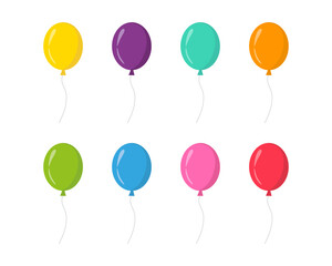 Wall Mural - Balloon in cartoon style. Flying balloon with rope. Bunch of balloons for birthday and party. Blue, red, yellow and green ball isolated on white background. Flat icon for celebrate and carnival. eps10