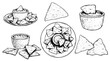 Nachos sketch style set. Single, group on plate and with sauce nachos. Top view. Traditional mexican food collection. Hand drawn. Retro style. Vector illustration for menu designs. 