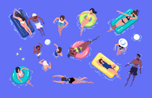 People Relaxing In Summer Water Pool, Floating On Inflatable Mattresses, Swimming With Rubber Rings, Sunbathing. Top View Of Diverse Men, Women In Swimwear In Sea. Colorful Flat Vector Illustration