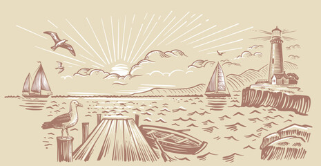 Landscape, sea, lighthouse. Hand drawn vector illustration