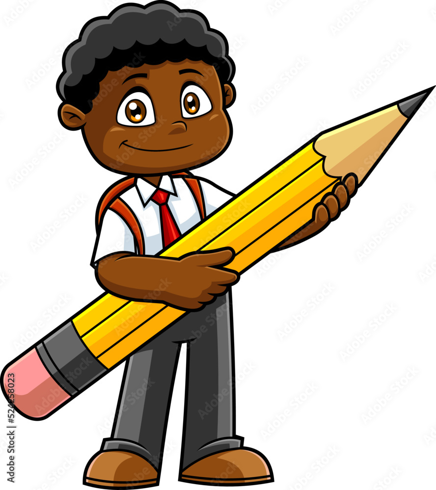 Smiling African American School Boy Cartoon Character Holding A Pencil. Vector Hand Drawn Illustration Isolated On Transparent Background