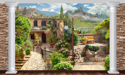 Wall Mural - Digital collage, Italian courtyard high in the mountains. Photo wallpapers.