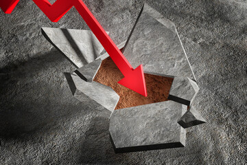 Red downward arrow crashes the concrete ground. Illustration of the concept of price drop of stocks and commodity investment