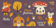 Magic Autumn Bundle With Baby Animals And Fairy Tale Houses. Cute Cartoon Fall Set.