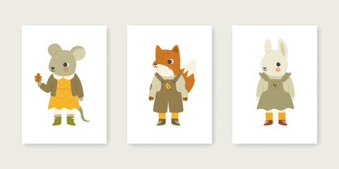 Wall Mural - poster set with baby animals. autumnal vector prints collection with cute little animals.