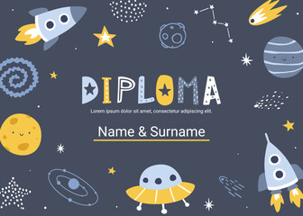 Wall Mural - outer space diploma template. cosmic vector certificate design for children competition.