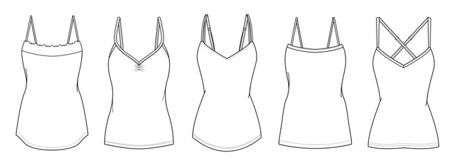 flat sketch set of womens spaghetti strap skinny tops vector illustration template. cad mockup.