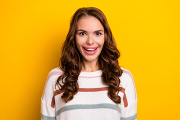 Canvas Print - Closeup photo of young pretty nice perfect smiling girl good mood positive reaction wow sale clothes isolated on yellow color background