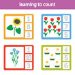 Cards for learning to count from 1 to 10. Flowers. A game for the development of intelligence and logic for preschool children. Vetor illustration. Printable sheet