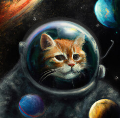 Oil painting cat in spacesuit in space portrait. Planets. Funny art illustration. Animal face avatar. Child fairytale drawing. Illustration for print on poster, card, canvas, cover. Surreal artwork