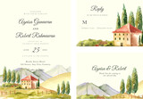 Fototapeta Natura - Wedding Invitation set with watercolor tuscany hills of italy
