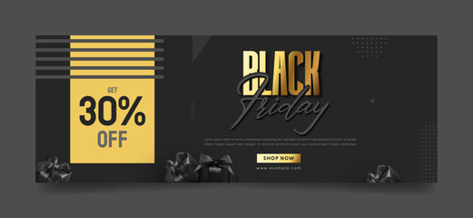 Wall Mural - Black Friday Facebook cover, web ad banner template, creative sale banners modern layout black background, gold text
