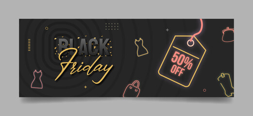Wall Mural - Black Friday Facebook cover, web ad banner template, creative sale banners design, modern layout black background, gold text