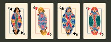 Queens Of Diamonds, Clubs, Hearts, Spades. Playing Cards. Gambling, Poker Concept. Cartoon Style. Hand Drawn Modern Vector Illustration. Poster, T-shirt Print, Logo, Tattoo Idea, Deck Design Templates