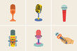 © AkimD - Microphone clip art set in modern flat line style. Hand drawn vector illustration of mouthpiece, transmitter, mike, karaoke, studio misc, mic. Music sound vintage equipment, retro elements, icons.