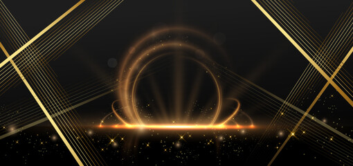 Wall Mural - abstract elegant golden circle with lighting effect diagonal scene sparkle on black background. temp