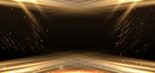 Abstract elegant gold glowing with lighting effect sparkle on black background. Template premium award design.