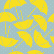 Seamless retro background, various yellow umbrellas on blue. Rainy background.