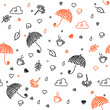Seamless pattern with umbrellas, drops, leaves, hearts. Autumn background.