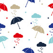 Vector colored umbrellas and rainy clouds seamless pattern. Cute cartoon background.