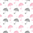 Seamless pattern with umbrellas and hearts. Fabric background for kids clothing and paper products. 