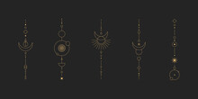 Set Of Moon And Sun Line Art. Minimal Boho Linear Symbols. Celestial Mystic Element. Vector Line Art Illustration.