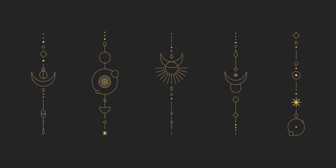 Wall Mural - set of moon and sun line art. minimal boho linear symbols. celestial mystic element. vector line art