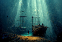 Image Surrealistic Of Shipwreck In Deep Ocean, Human Community Houses Under The Deep Sea, Man Living Under The Sea With Light Ray, Digital Illustration.