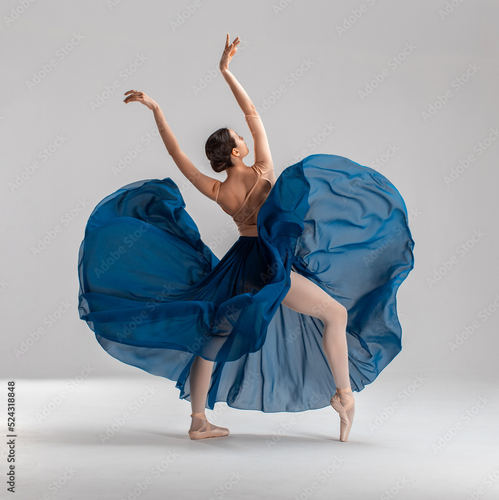 Ballerina in flesh color ballet leotard and blue long ballet skirt dancing in white studio on pointe shoes. Stock Photo | Adobe Stock Ballerina in flesh color ballet leotard and blue long ballet skirt dancing in white studio on pointe shoes. Stock Photo | Adobe Stock