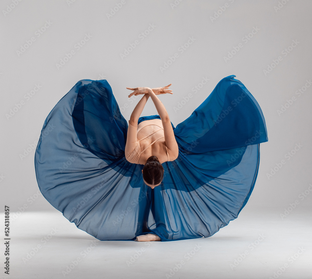 Ballerina in flesh color ballet leotard and blue long ballet skirt ...