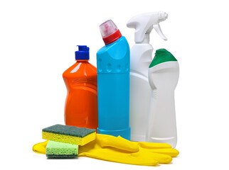 Cleaning products isolated on white with transparent 