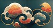 Drawing of a cloud and waves in the style of Asian culture.
