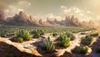 In the middle of the desert, a plantation of lush green cacti grows in the mountains.